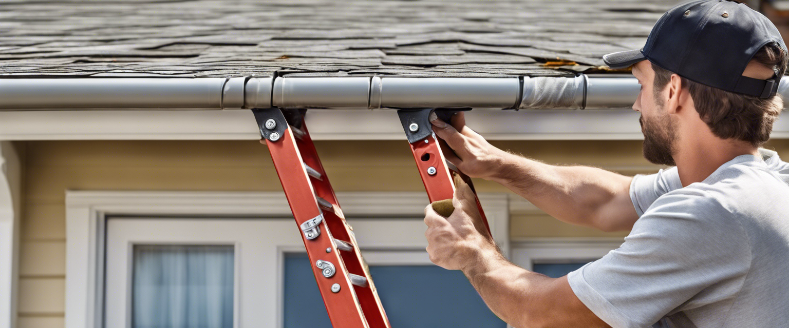 a man working on cleaning gutters off a ladder